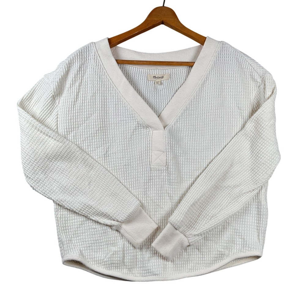 Madewell Waffle Knit Top Womens XXS Ivory V-Neck Long Sleeve Thermal Henley